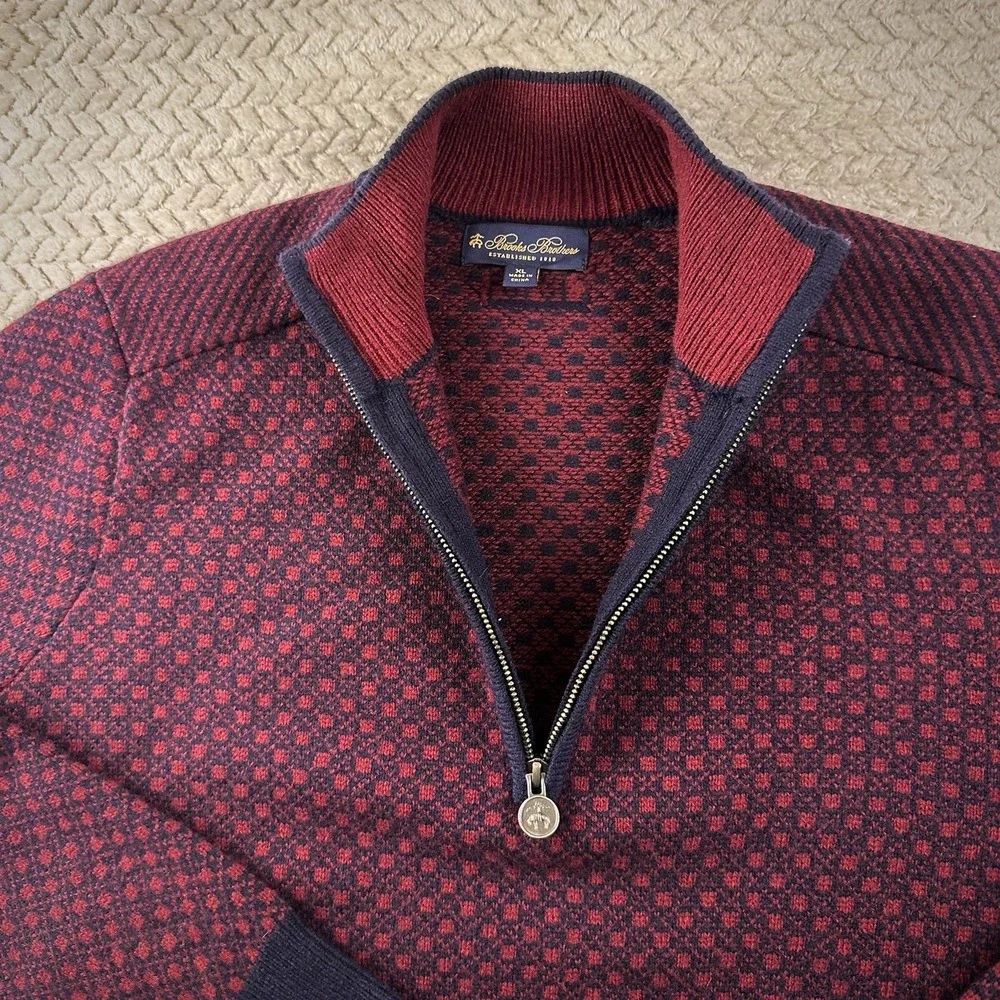 Brooks Brothers Men's‎ XL Nordic Wool Sweater half zip Burgundy navy Cabin Cozy